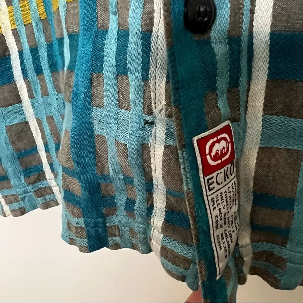 Ecko Unltd Shirt Mens XL Blue Plaid Button Up Short Sleeve Pockets Outdoor Logo